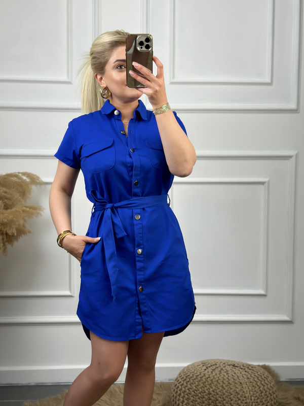 Cepli Kuşaklı Gabardin ELbise MAVİ-23YELB000041