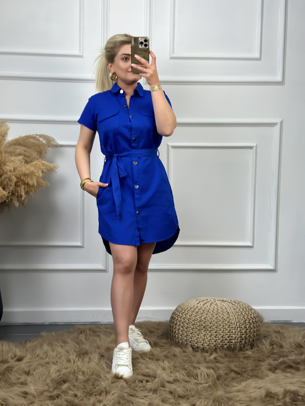 Cepli Kuşaklı Gabardin ELbise MAVİ-23YELB000041