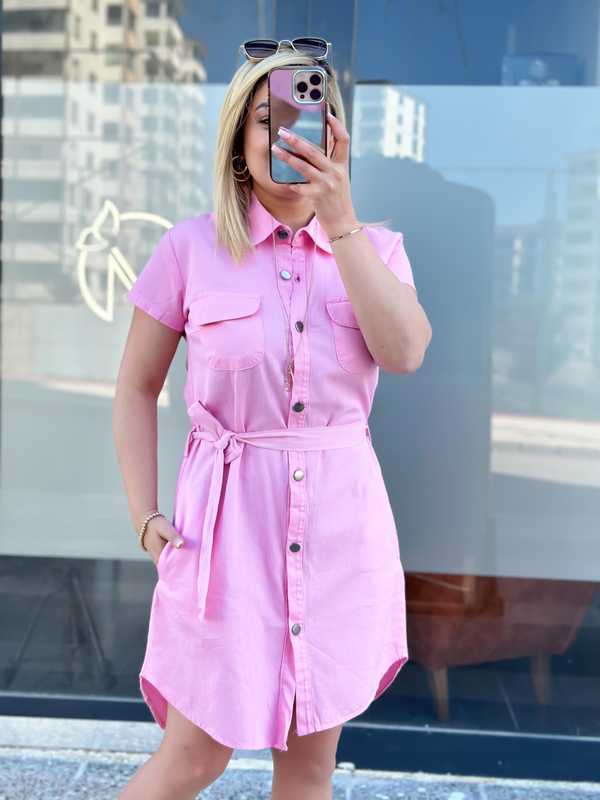 Cepli Kuşaklı Gabardin ELbise PEMBE-23YELB000041
