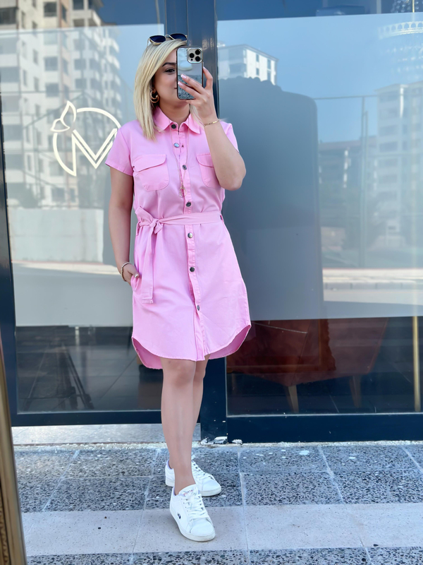 Cepli Kuşaklı Gabardin ELbise PEMBE-23YELB000041