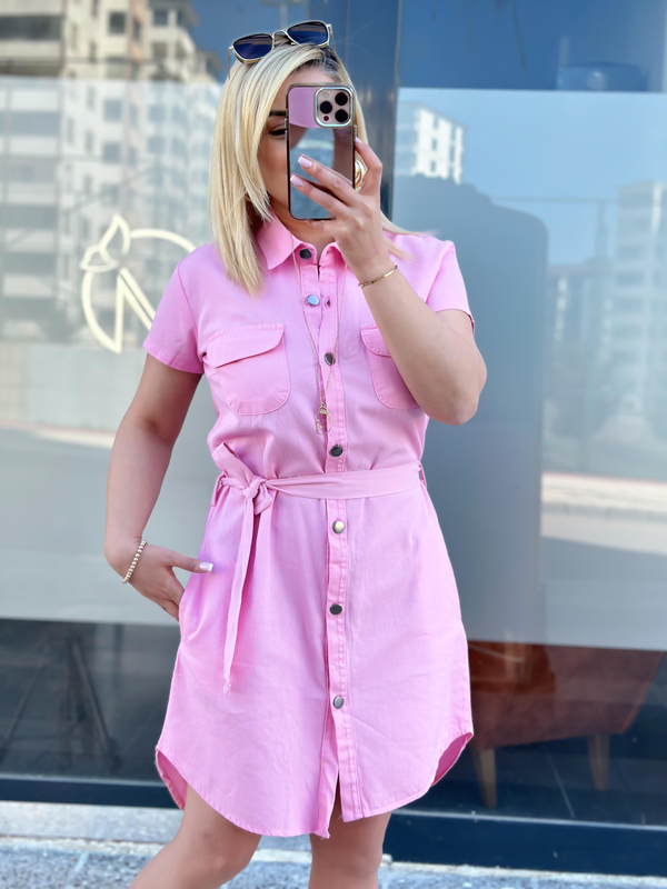 Cepli Kuşaklı Gabardin ELbise PEMBE-23YELB000041