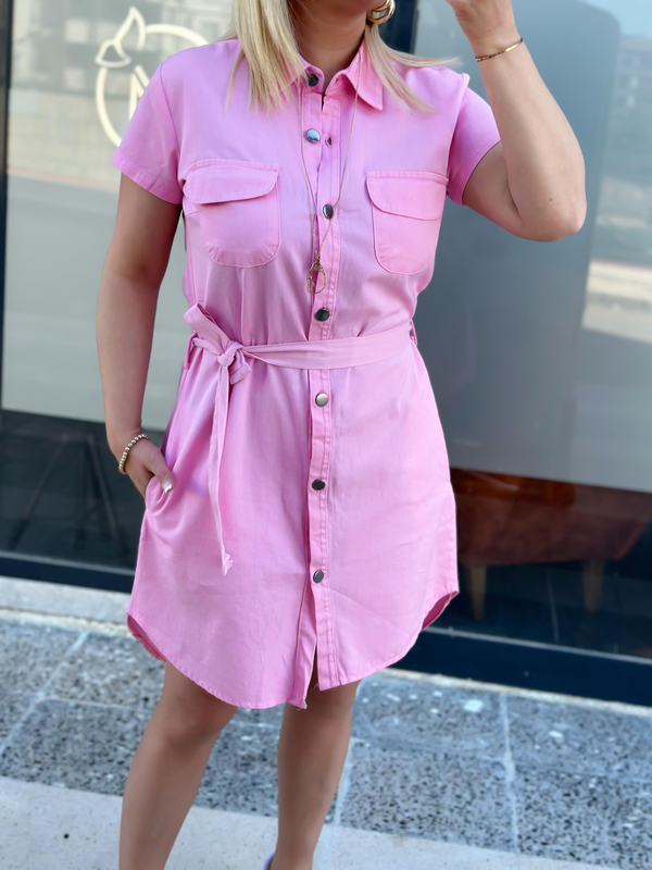 Cepli Kuşaklı Gabardin ELbise PEMBE-23YELB000041
