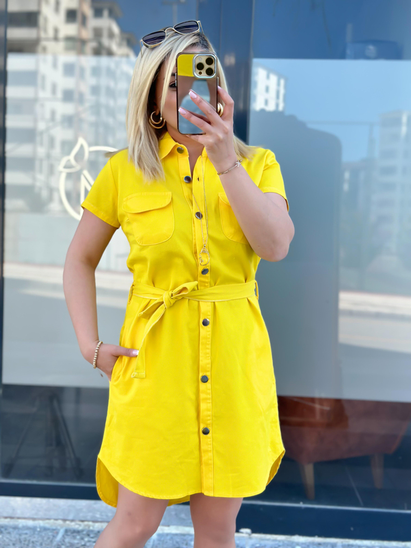 Cepli Kuşaklı Gabardin ELbise Sarı-23YELB000041