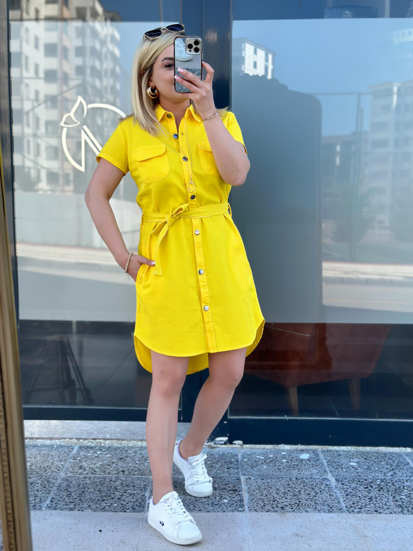 Cepli Kuşaklı Gabardin ELbise Sarı-23YELB000041