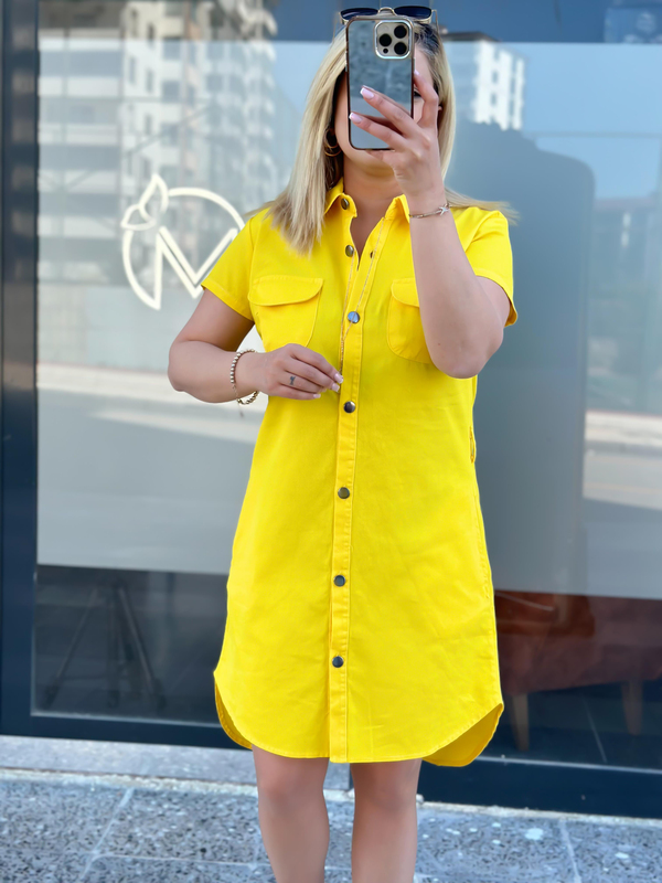 Cepli Kuşaklı Gabardin ELbise Sarı-23YELB000041