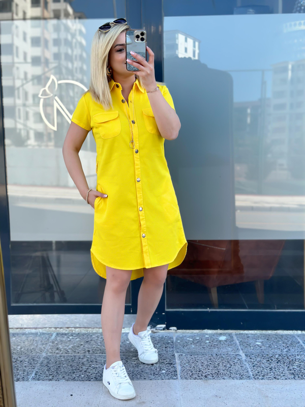Cepli Kuşaklı Gabardin ELbise Sarı-23YELB000041