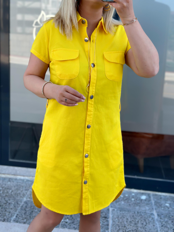 Cepli Kuşaklı Gabardin ELbise Sarı-23YELB000041
