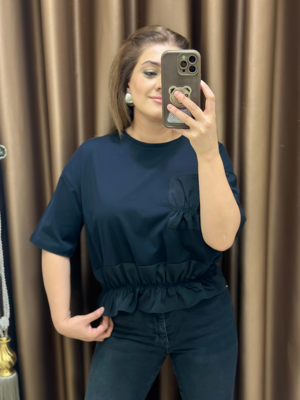 Cepli Önü Büzgü Detay Tshirt SİYAH-23YUST000205