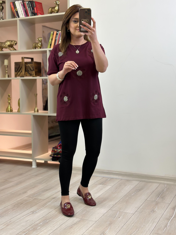 Çiçek Detaylı Taşlı Tshirt BORDO-23YUST000223