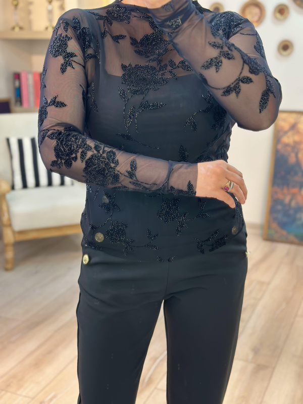 Çiçek Detaylı Transparan Bluz SİYAH-23KUST000124