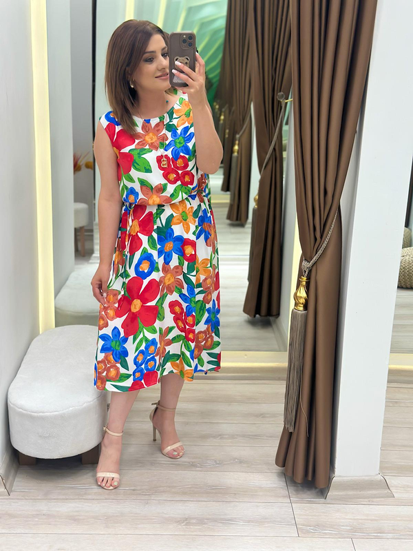 Çiçekli Kolsuz Elbise KIRMIZI-23YELB000159