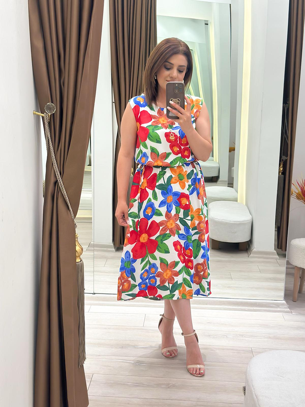 Çiçekli Kolsuz Elbise KIRMIZI-23YELB000159