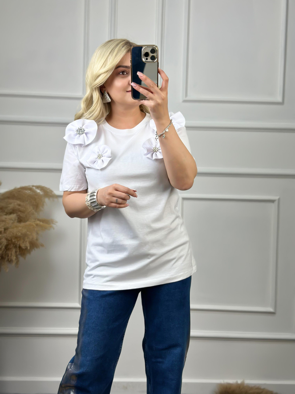Çiçekli Taşlı Tshirt BEYAZ-23YUST000052
