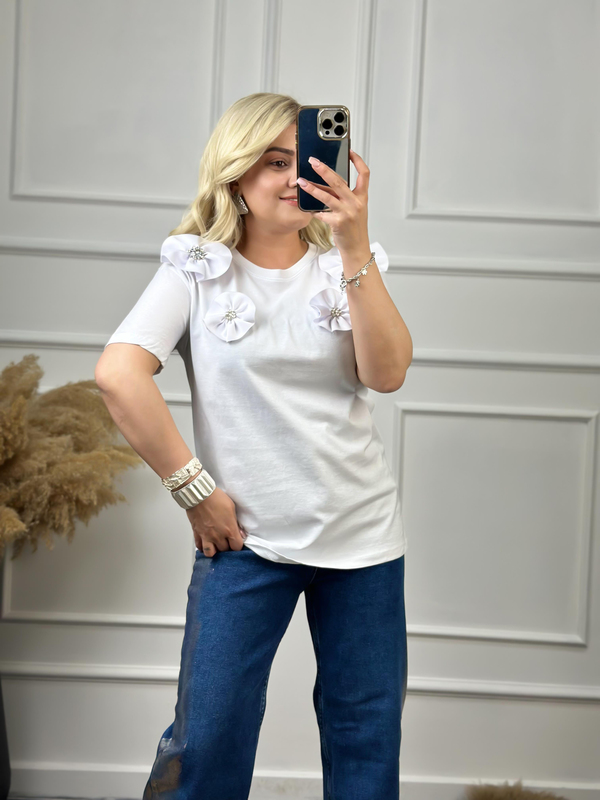 Çiçekli Taşlı Tshirt BEYAZ-23YUST000052