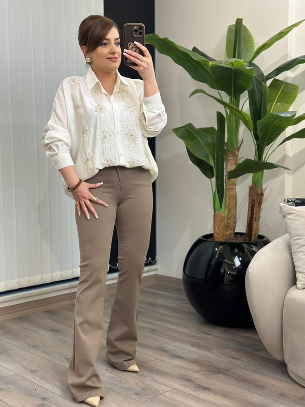 Çift Şerit Çiçek  Desen Keten Gömlek BEYAZ-23MeUST00139