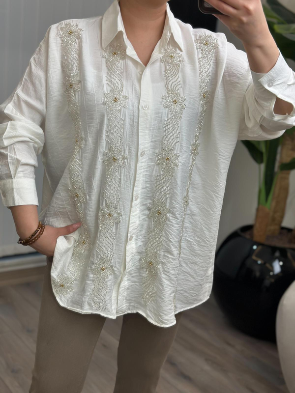 Çift Şerit Çiçek  Desen Keten Gömlek BEYAZ-23MeUST00139