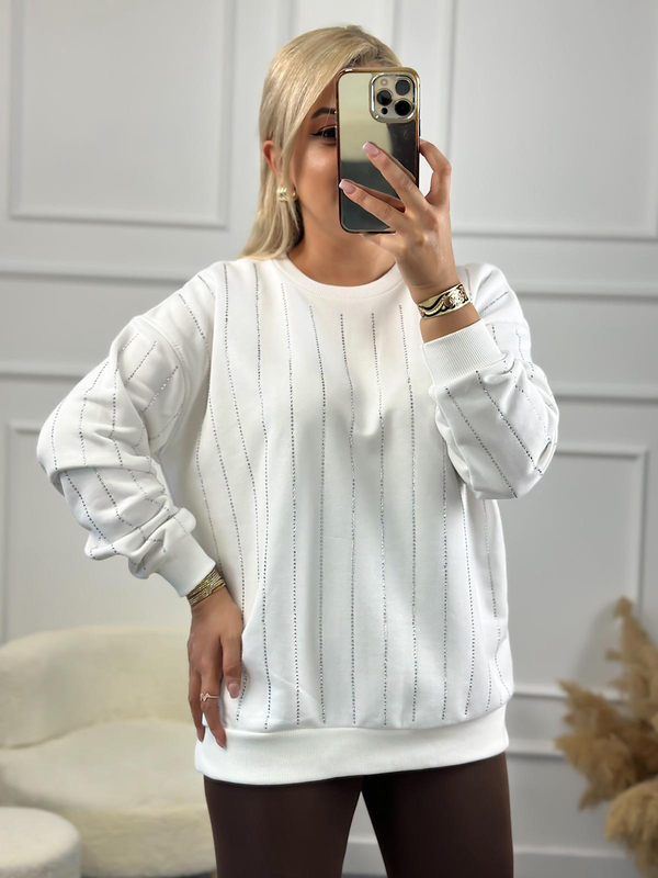 Çizgi Taşlı Sweatshirt BEYAZ-23KUST000073