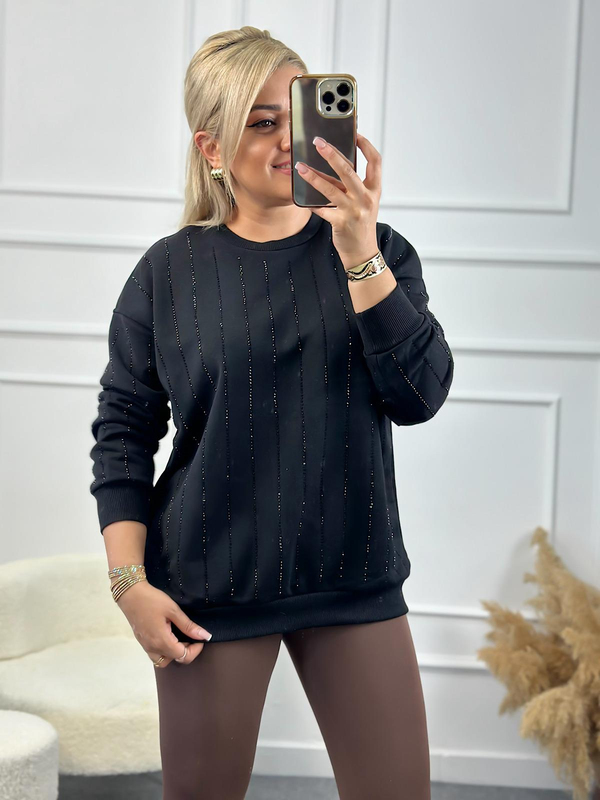 Çizgi Taşlı Sweatshirt SİYAH-23KUST000073