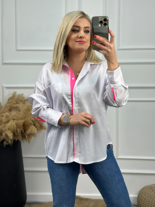 Çizgili Cepli Arkası Düğmeli Gömlek NEON PEMBE-23MeUST00056