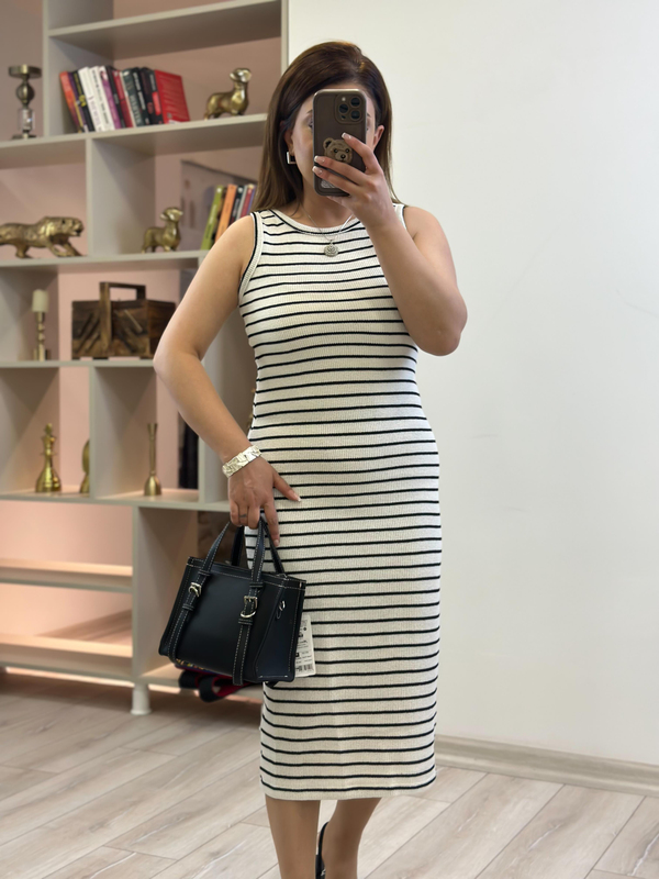 Çizgili Halter Yaka Örme Elbise BEYAZ-23YELB000140