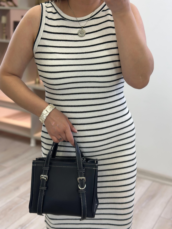 Çizgili Halter Yaka Örme Elbise BEYAZ-23YELB000140