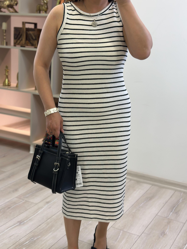 Çizgili Halter Yaka Örme Elbise BEYAZ-23YELB000140