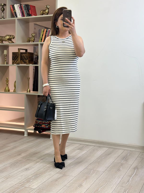 Çizgili Halter Yaka Örme Elbise BEYAZ-23YELB000140