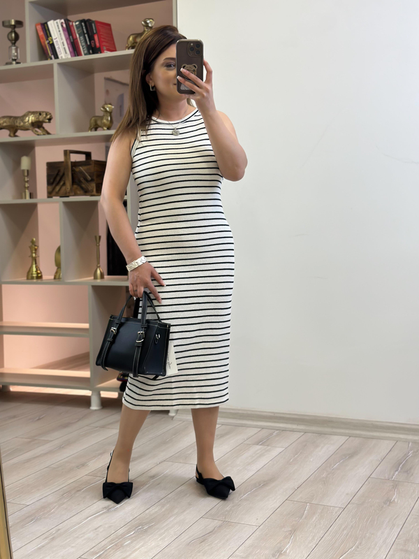 Çizgili Halter Yaka Örme Elbise BEYAZ-23YELB000140