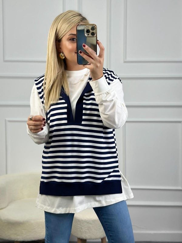 Çizgili Kapşonlu Sweatshirt LACİVERT - BEYAZ-23MeUST00087