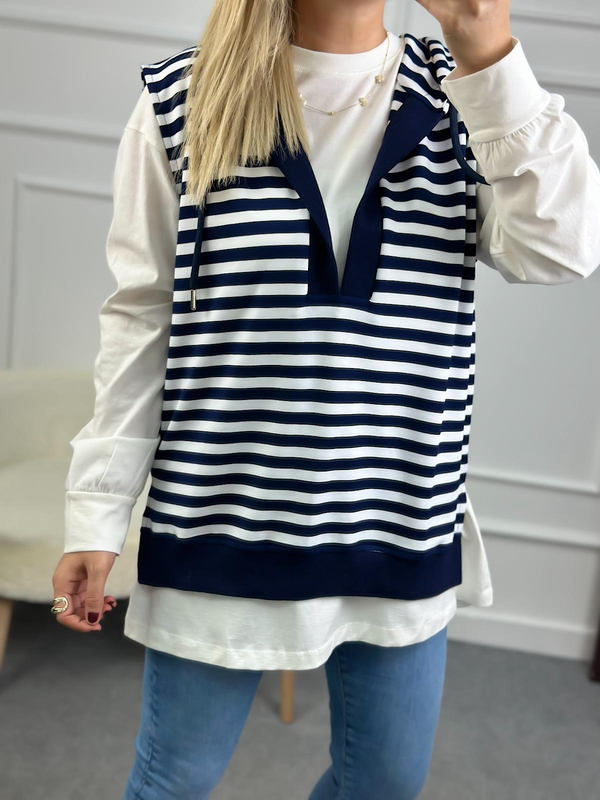 Çizgili Kapşonlu Sweatshirt LACİVERT - BEYAZ-23MeUST00087