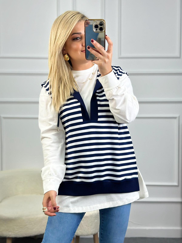 Çizgili Kapşonlu Sweatshirt LACİVERT - BEYAZ-23MeUST00087