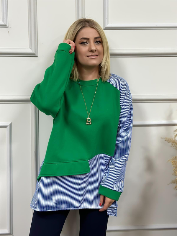 Çizgili Kolları Düğmeli Sweatshirt YEŞİL-23KUST000023