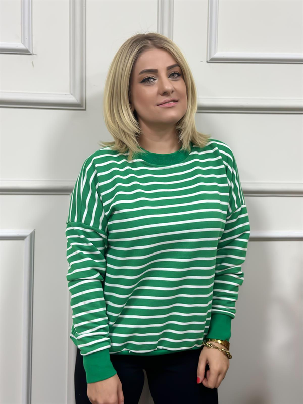Çizgili Pamuk Kumaş Sweatshırt YEŞİL-23KUST000024