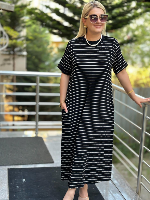 Çizgili Sweat Elbise SİYAH BEYAZ-23YELB000111