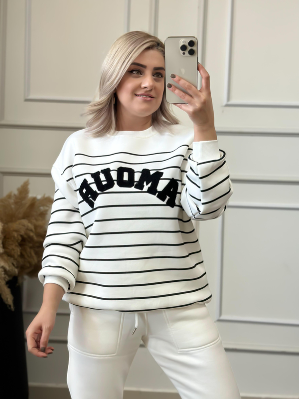 Çizgili Yazı Baskılı İçi Polarlı Sweatshırt BEYAZ-23KYeni00068