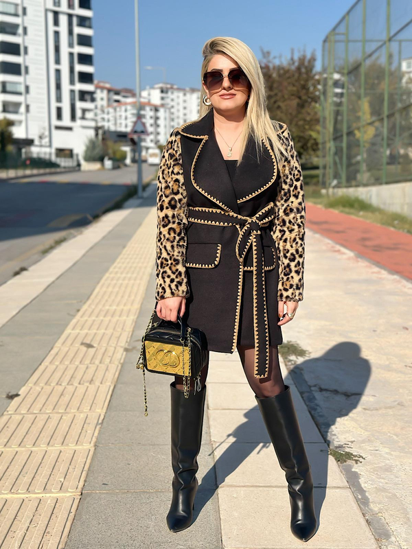 Çoban Dikişli Leopar Kaşe Kaban SİYAH-23KDIS000050