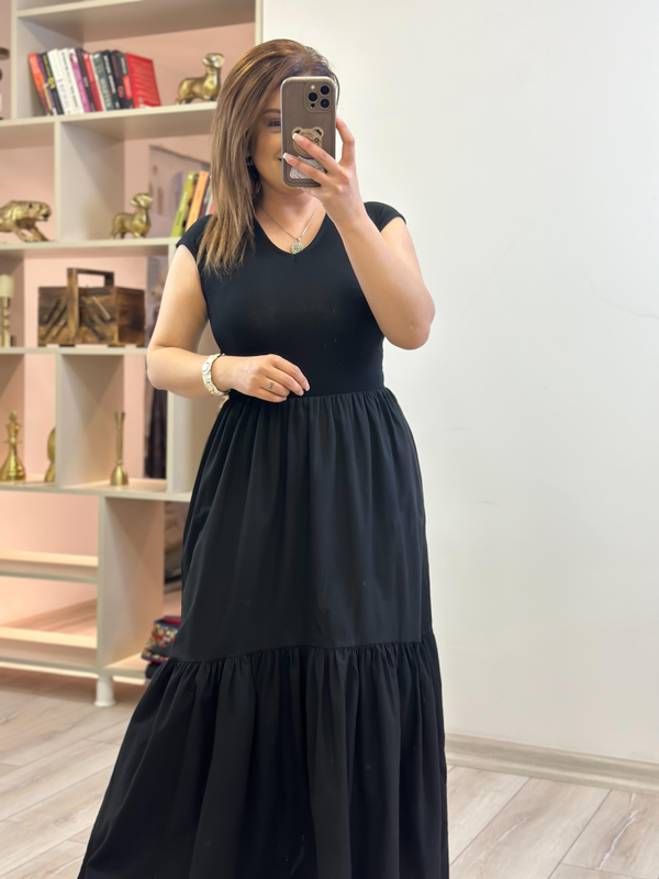 Debose V Yaka Kısa Kol Elbise SİYAH-23YELB000151