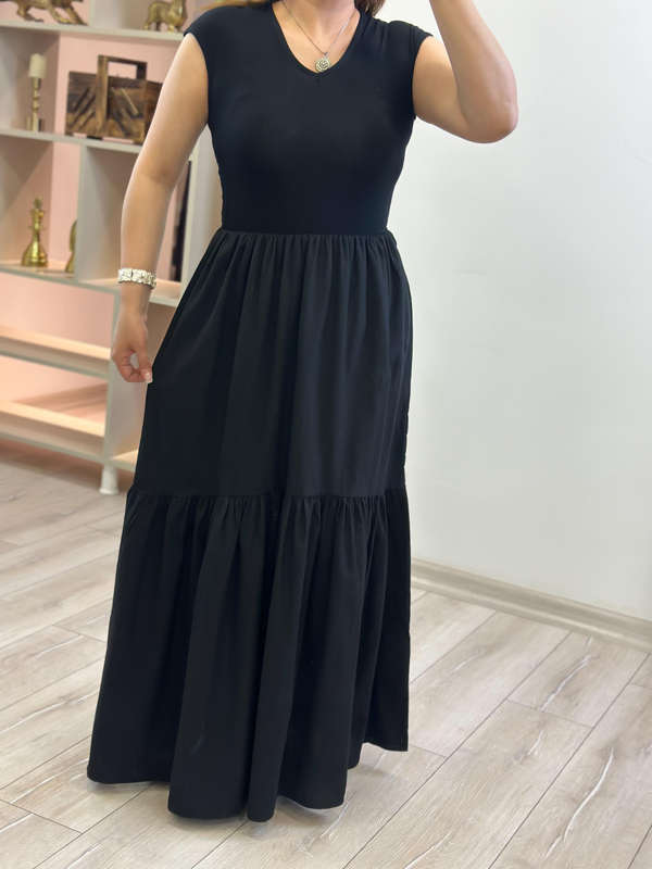 Debose V Yaka Kısa Kol Elbise SİYAH-23YELB000151