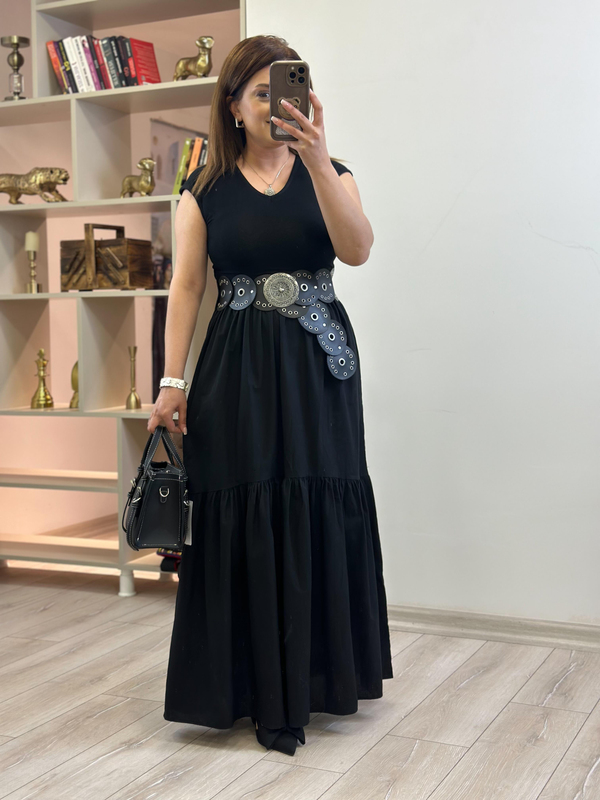 Debose V Yaka Kısa Kol Elbise SİYAH-23YELB000151