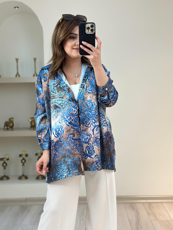 Desenli Saten Gömlek Köln MAVİ-23YUST000189
