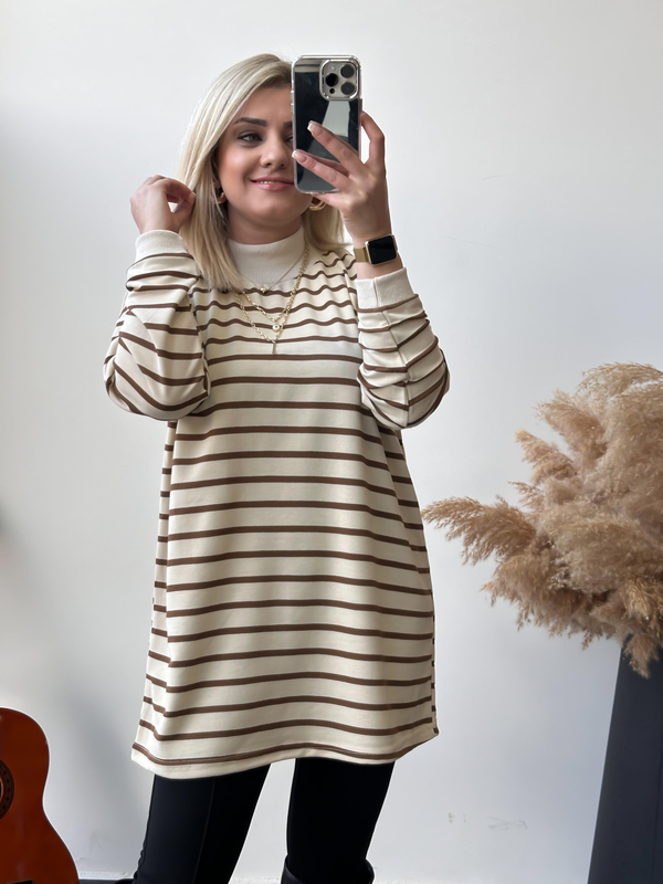Dik Yaka  İnce Çizgili Pamuk Kumaş  Sweatshirt KAHVE-23MeUST00049