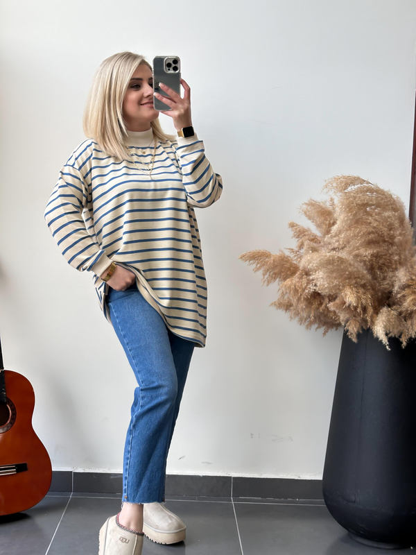 Dik Yaka  İnce Çizgili Pamuk Kumaş  Sweatshirt MAVİ-23MeUST00049