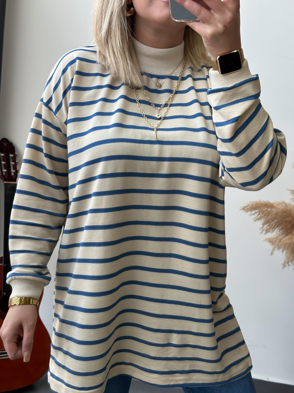 Dik Yaka  İnce Çizgili Pamuk Kumaş  Sweatshirt MAVİ-23MeUST00049