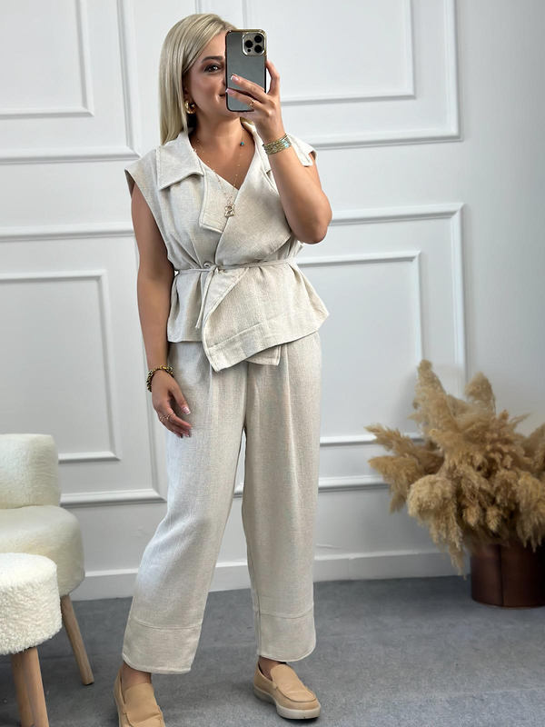Dokulu Keten Yelek Pantolon Takım TAŞ-23YUST000133