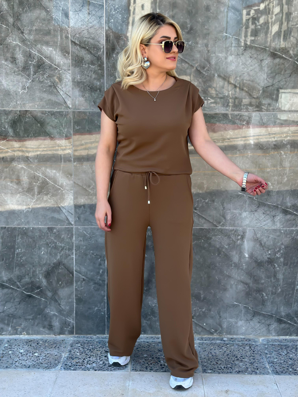 Drapeli Likralı Crep Kumaş Bluz Pantolon Takım KAHVE-23MeUST00078