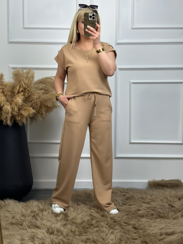 Drapeli Likralı Crep Kumaş Bluz Pantolon Takım VİZON-23YUST000042