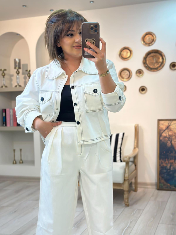 Düğmeli Denim Pantolon Takım BEYAZ-23KUST000116