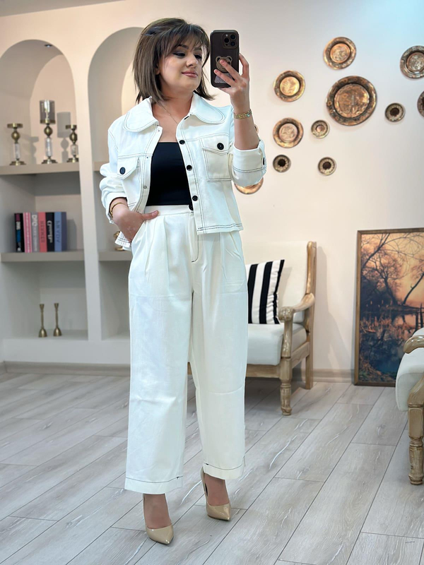 Düğmeli Denim Pantolon Takım BEYAZ-23KUST000116