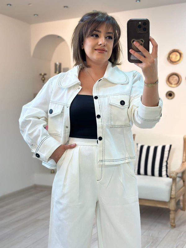 Düğmeli Denim Pantolon Takım BEYAZ-23KUST000116