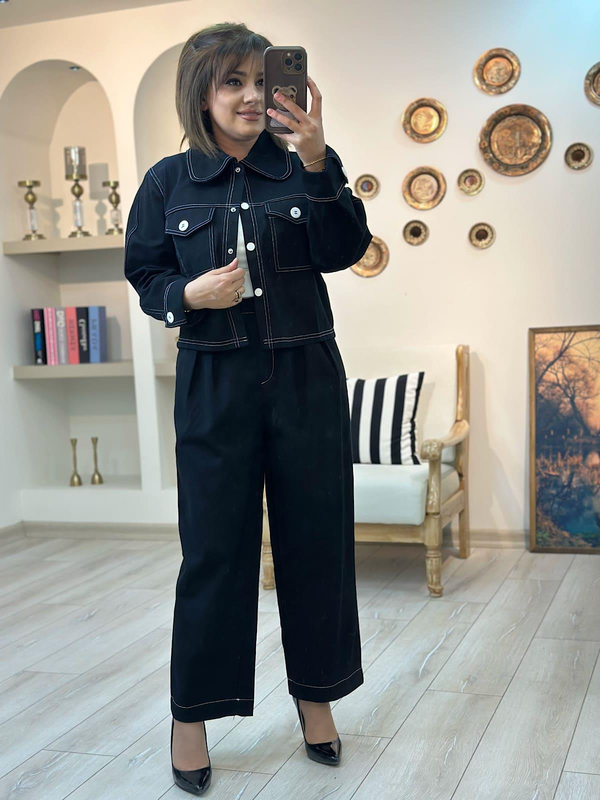 Düğmeli Denim Pantolon Takım SİYAH-23KUST000116